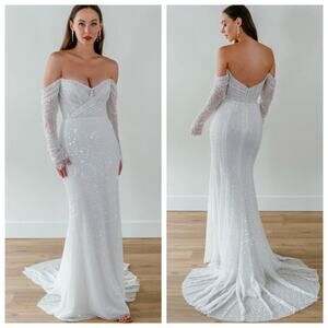 Wtoo Watters Glimpse Wedding Dress Sleeves Beaded Off Shoulder Gown 6 NWT